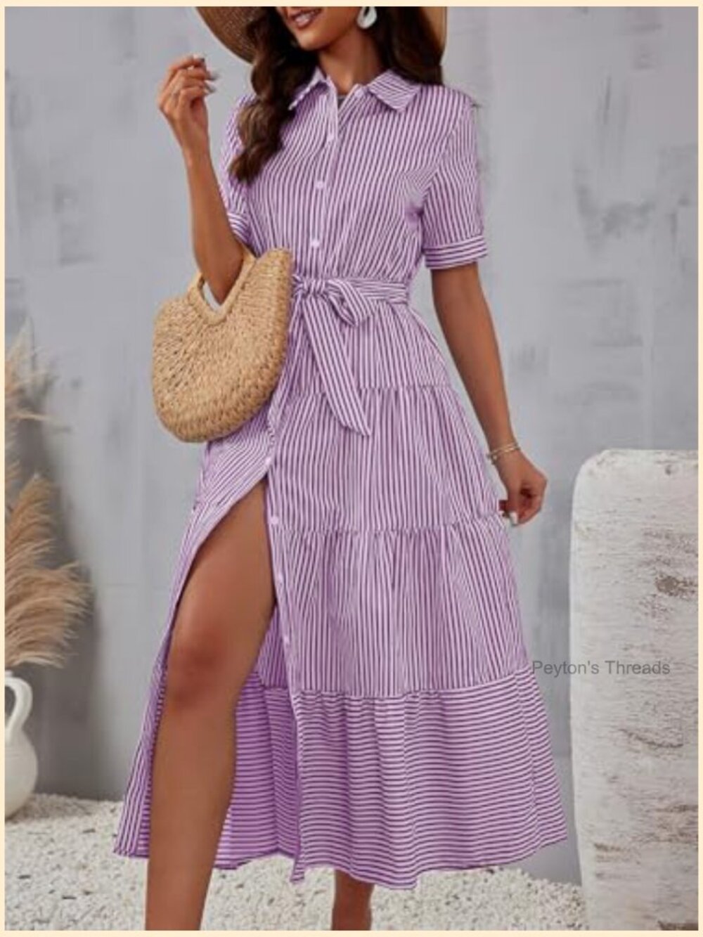 Cotton Boho Striped Shirt Dress Button Down Flowy A-Line Maxi Dress with Pockets - Picture 5 of 5